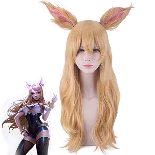 Hot Game Lol Character Kda K/da Ahri Wig Cosplay Costume Golden Long Synthetic Hair Perucas Cosplay Fox Anime Wigs with Eear