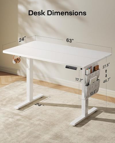 Image of HUANUO Electric Standing Desk, 63 x 24 Inch Height Adjustable Computer Desk with Storage Bag, 4 Height Memory Settings, Sit Stand Up Desk for Home Office, White