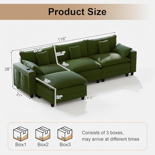 Image of KCGKCG 116 inch Modular Sectional Sofa, L Shaped Cloud Couch with Movable Ottoman, Chenille Deep Seat Cloud Sofa with Charging Station, Cup Holder, Side Pocket, Sectional Couches for Living Room, Green