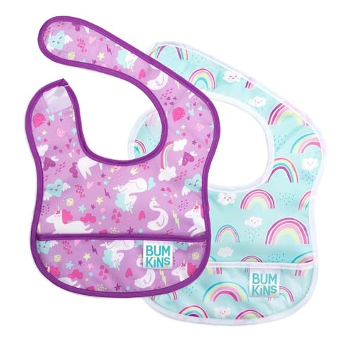 Image of Bumkins Bibs, for Baby Girl or Boy, Infant 3-9 Mos, Essential Must Have for Eating, Feeding, Baby Led Weaning, Mess Saving Waterproof Soft Fabric, Starter Bib 2-pk Unicorns, Rainbows Blue and Purple