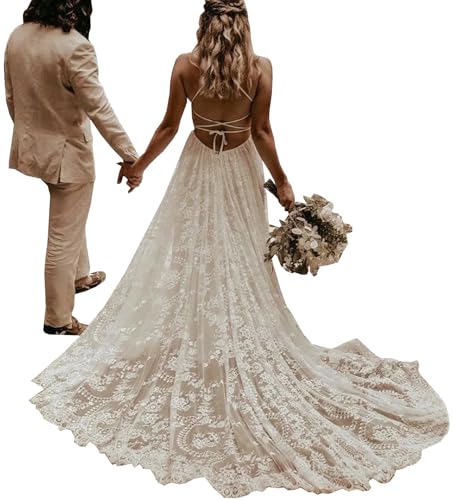 Women's Lace Boho Wedding Dresses for Bride 2022 with Long Sleeves Bohemian Beach Mermaid Bridal Gowns