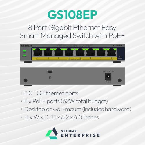 Image of NETGEAR 8-Port Gigabit Ethernet PoE+ Easy Smart Managed Switch - with 8 x PoE+ @ 62W, Fanless, Desktop or Wall Mount (GS108EP)