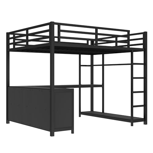 Image of Bellemave Queen Size loft Bed with L Desk and Wardrobe, Metal Queen Size Loft Bed Frame for Adults, Kids, Teens, Black