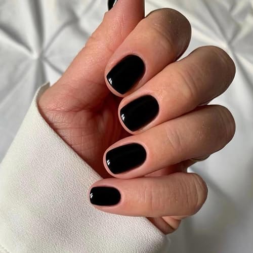 24 uñas postizas para pegar – Press on Nails con pegamento, uñas postizas para uñas, bonitas uñas francesas cuadradas (negro)