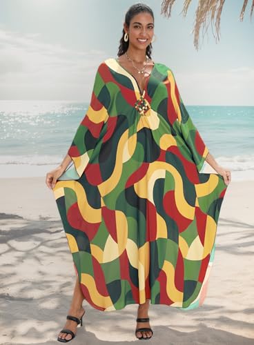Image of Yanziliu Kaftan Dress for Women,Plus Size Hawaiian Batwing Sleeve Beach Cover Up Summer Swimsuit Dresses