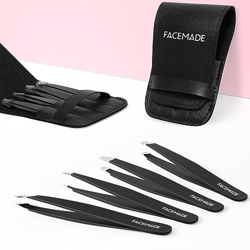FACEMADE 4 Pack Tweezers Set - Professional Stainless Steel Tweezers for Men and Women, Precision Eyebrow Tweezers for Facial Hair, Chin, and Ingrown Hair Removal (Black)