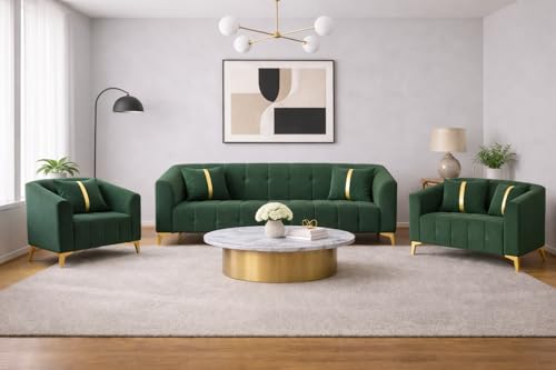 Image of Adorn India Premium Mystic - 3 Years Warranty - 3+2+1 Sofa Set Velvet Suede Fabric - Green