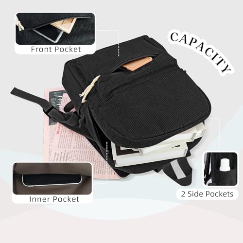Corduroy Backpack, Lightweight Travel Backpack Large Capacity 15 Inch Laptop Backpack Purse Casual Travel Daypacks for Women (Black)4