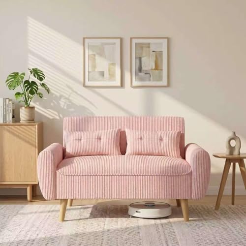 Image of Shintenchi 48'' Loveseat Sofa, Mid-Century Modern Upholstered Couch Deep Seat with 2 Pillows, 10 inch Thick Cushion with Spring, Solid Wood Frame Small Couch for Living Room, Bedroom, Dorms & Office, Pink