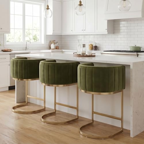 Hyfirm Set of 3 Olive Green and Gold Counter Height Bar Stools 24.5 Modern Velvet Barstools with Durable Gold Metal Cantilever Base Channel Tufted Kitchen Island Chairs 3 PCS