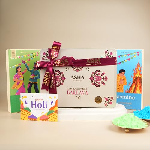 Image of ASHA SWEETS Holi Celebration Combo Pack with Premium Baklava in Tin Box (430gm), 2 x Organic Gulal & Wishes Card Set for Gifting & Celebration|Premium Holi Festive Gift Box for Family & Friend