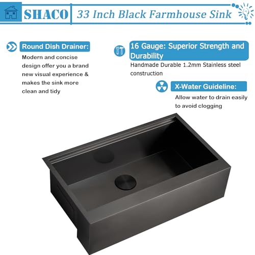 Image of SHACO 33 Inch Black Farmhouse Sink, 33x20 Gunmetal Black 16 Gauge Stainless Steel Single Bowl Workstation Flat Apron Front Farm Kitchen Sink with Cutting Board