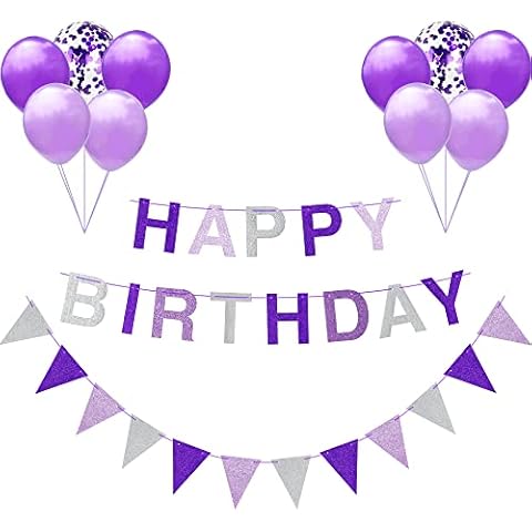Pargleev Glittery Happy Birthday Banner Birthday Hanging Bunting Confetti Balloons Garland Party Decoration for Girls Kids Women Mother Mum Purple Cover