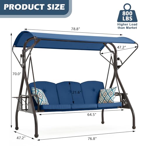 Image of ZZW 800LBS Patio Swing with Canopy 3 Seat Outdoor Porch Swing with Stand w /Cup Holder & Pillow Glider Chair Swing Bed for Patio Backyard Poolside (Blue)