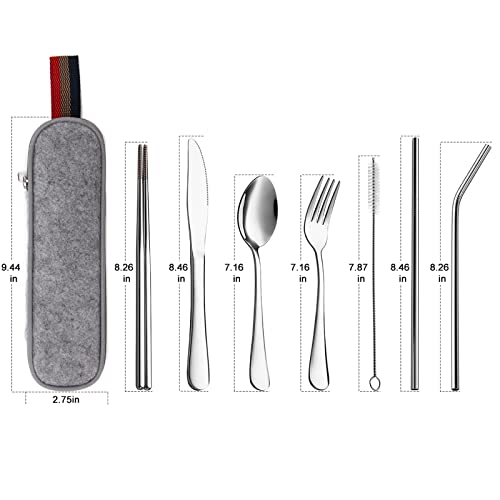 DEVICO-Portable-Utensils-Travel-Camping-Cutlery-Set-8-Piece-including-Knife-Fork-Spoon-Chopsticks-Cleaning-Brush-Straws-Portable-Case-Stainless-Steel-Flatware-set-Silver