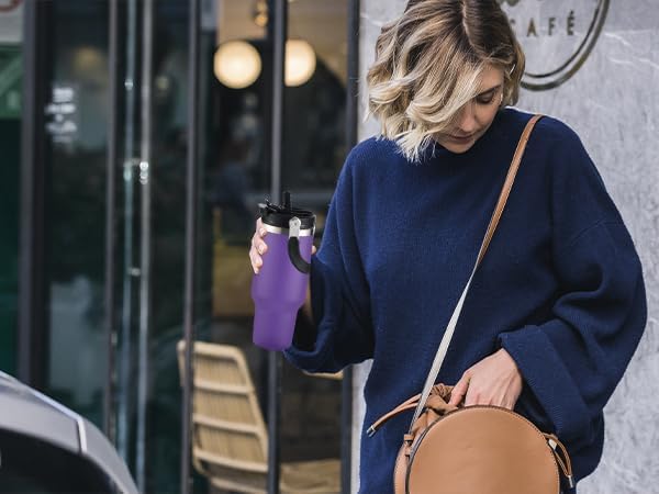 Miniatura 8 de Vaso de 24 onzas con asa, vaso de acero inoxidable aislado con popote y vaso de tapa 2 en 1, morado