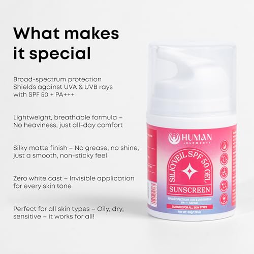 Image of HUMAN ELEMENT SilkyVeil SPF 50 Gel Sunscreen | Broad-Spectrum UVA & UVB Protection | Lightweight, Hydrating & Non-Greasy | Fast-Absorbing Formula for Daily Use | Suitable for All Skin Types | 50g
