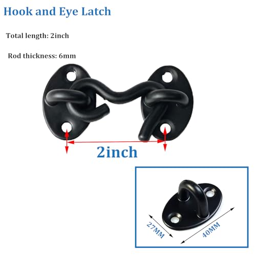 Mimhooy 2-Pack Hook & Eye Latch, 2-Inch Black, 50mm Stainless Steel for Gates Windows, Shed, Garage, Barn - Image 2