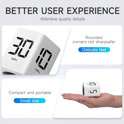 Image of Productivity Timer 1, 5, 10, 30, 60 Minutes Preset, Desk Cube Timer with Gravity Sensor /Mute /Vibration for ADHD, Work, Study, Kitchen, Back to School (White)