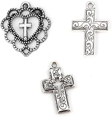JGFinds Cross Charm Pendants - 130 Pack (30 of Heart, 50 each of Crosses) Old Style Filigree Look, Silver Tone, ⅞ Inch, DIY Jewelry Making Supplies