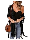 MakeMeChic Women's Crochet Open Front Kimonos Fringe Hollow Out Boho Cover Up Cardigan Black One-Size