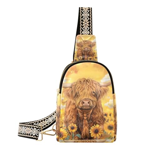 Sling Bag for Women Highland Cow Blooming Sunflower Pattern Crossbody Bag Small Chest Bag Shoulder Bag Cell Phone Purse for Casual Travel Hiking Running Sports