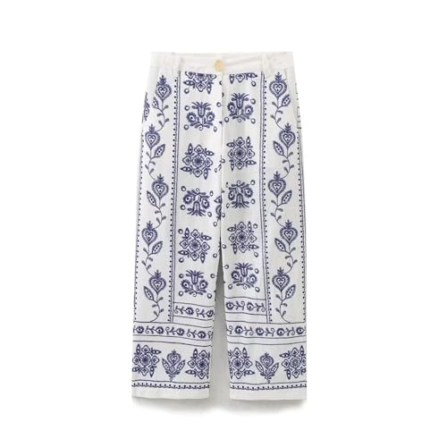 Moroccan Retro Blue Flower Embroidered Casual Pants Trousers Women Fashion Straight Cropped Pants Ladies