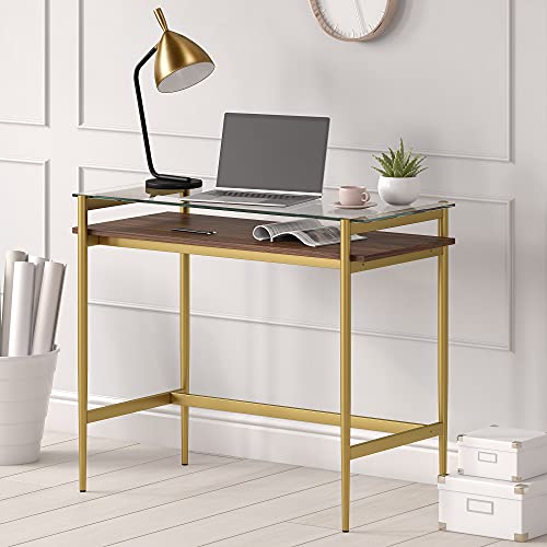 Image of Eaton 36'' Wide Rectangular Desk in Brass /Walnut