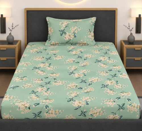 Image of Vaini Premium Heavy Cotton Elastic Fitted Bedsheets with 1 King Size Pillow Covers || Single Bed with All Around Elastic 350 TC || 36 x 78 x 6 Inch Single Size Fitted || :- Pista Green