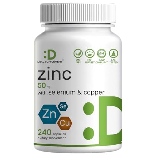 Deal Supplement Zinc 50mg with Selenium + Copper, 240 Capsules, 8 Month Supply, 3 in 1 Mineral Formula, Zinc Picolinate Complex Supplement, Supports Healthy Immune System for Adults and Kids
