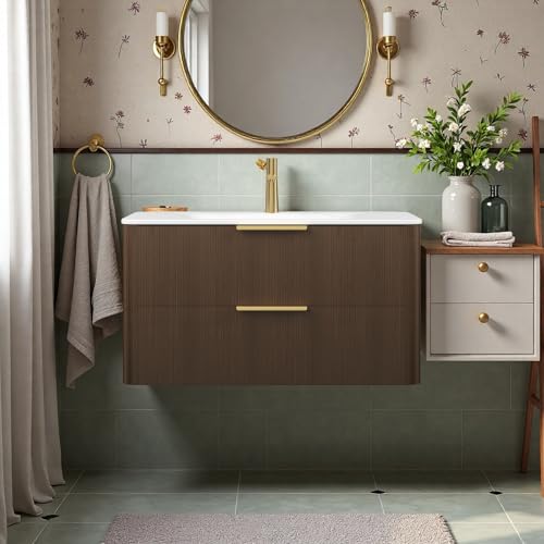 Image of 36 inch Wall-Mounted Bathroom Vanity Cabinet with Sink, Walnut | Integrated Basin Sink, Carrara White Sintered Stone Basin, 2 Soft-Close Full-extension Drawers, Golden Handles, Pre-assembled