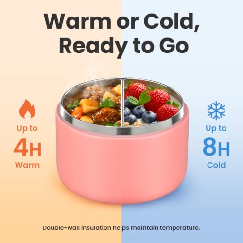 Image of Pawtong 12oz Insulated Vacuum Food Jar with Buckle Lid Wide Mouth Soup Thermo for Hot Food Kids Leakproof Stainless Steel Lunch Container- Pink- 1Pack