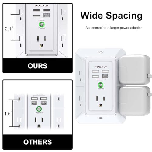 3-Sided Outlet Extender with Night Light - POWRUI Multi Plug Outlet with 5 Outlets and 4 USB Ports(1 USB-C), USB Wall Charger for Home, Office, Travel, ETL Listed, White