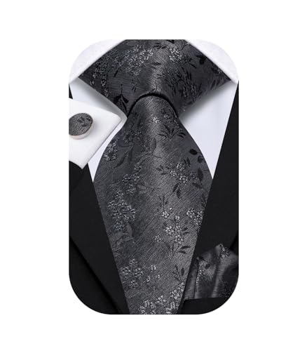 Dubulle Black Grey Floral Ties for Men Silk Jacquard Casual Necktie and Pocket Square Cufflinks Set Business Formal Wedding Party