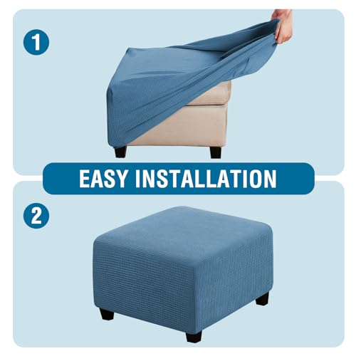 Image of H.VERSAILTEX Square Ottoman Covers Ottoman Slipcovers Folding Storage Stool Furniture Protector Form Fit with Elastic Bottom, Stretch High Spandex Small Checks Jacquard Fabric(Large,Dusty Blue)