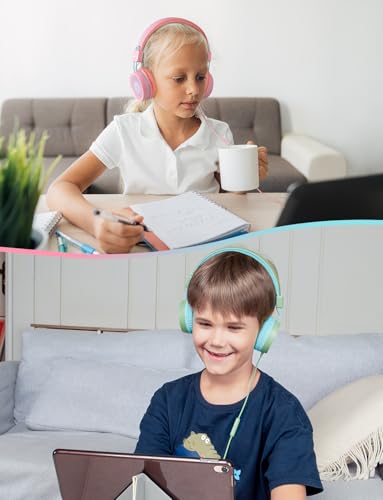 Image of New Bee 2 Pack Kids Headphones with Microphone, 85dB /94dB Safe Volume Limited Childrens Headset, Foldable Wired Toddler Headphones Over Ear for School Travel Mac /Android /Kindle /Tablet /Pad- Green Pink