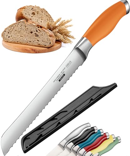 Orblue Serrated Bread Knife with Upgraded Stainless Steel Razor Sharp Wavy Edge Width - Bread Cutter Ideal for Slicing Homemade Bread, Bagels, Cake (8-Inch Blade with 5-Inch Handle) Orange
