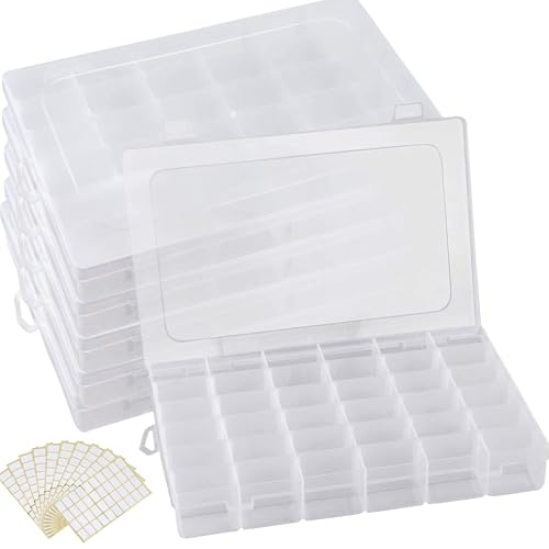 Image of 6 Pack 36 Grids Plastic Bead Organizer Box with Dividers and 600 PCS Label Stickers, Clear Small Tackle Box Part for Craft and Bead Storage