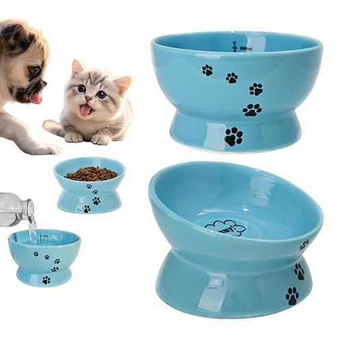 西田(Nishida)かわいいペット食器 ドライフード&給水2個セット フードボウル 猫用 犬用 ねこ食器 餌台 エサ台 猫用食器 おしゃれ食器 餌皿 エサ皿 高台 斜め 脚付 ねこフードボール 皿 セラミック 陶器 (青)