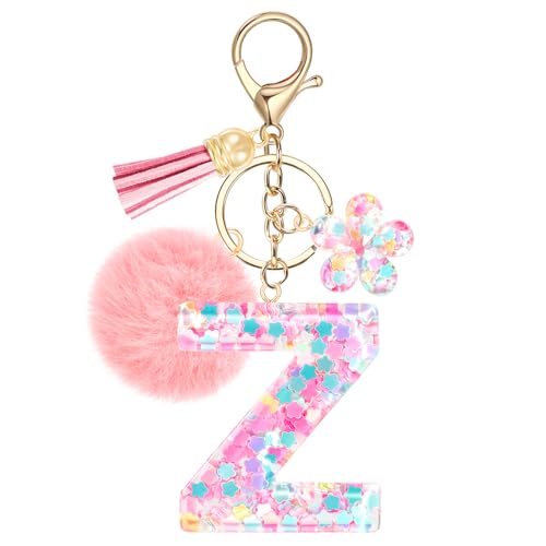 JSRQT Pink Initial Letter Keychain Z for Women Girls, Flower Sequins Resin Alphabet Letter Keyrings with Flower Tassel Poms Pendants, Cute Fashion Bag Charm Car Key Chains for Handbags Backpack Decor