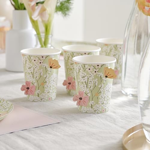 Ginger Ray Floral Printed Paper Party Cups with Pop Out Flowers Baby Shower Tableware 8 Pack, Pastel