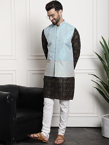 Image of SOJANYA (Since 1958 Men's Cotton Linen Maroon Kurta and White Pyjama with Mustard Cotton Nehru Jacket