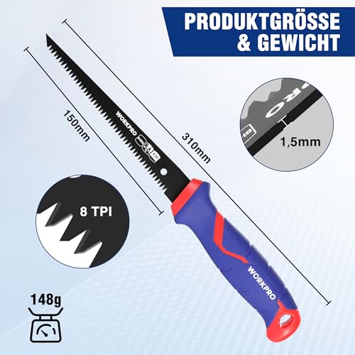 WORKPRO 150mm Hand-Stichsäge, Mehrzweck-Stichsäge aus Bi-Metall, Trockenbausäge für schnelle Schnitte, Dreifachkanten-Handsäge für Wandplatte, Trockenbau, Zementplatte, 8TPI