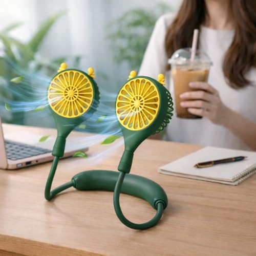 Image of One94Store Rechargeable Neck Fan (Green) | 1200mAh Battery, USB Powered Hands-Free Hanging Fan | Single Speed Dual Fan | Portable Personal Cooling Fan for Travel, Office & Outdoor Use