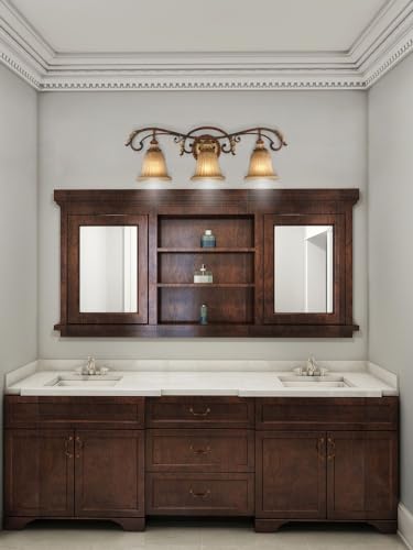 Image of Livex Lighting 8553-63 Villa Verona 3 Light Verona Bronze Finish Vanity Bath with Aged Gold Leaf Accents and Rustic Art Glass | Aged Gold Leaf Accents and Rustic Art Glass