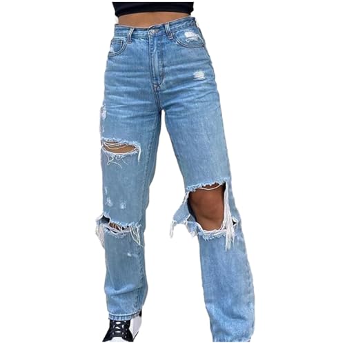 Women‘s Baggy Jeans Ripped Hole Denim Pants Streetwear High Waist Pocket Straight Trousers Loose Jeans