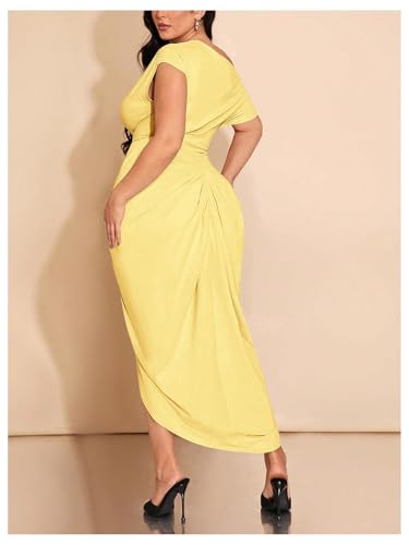 Image of Floerns Women's Plus Size Asymmetrical Neck Long Dress Ruched Slit Hem Cocktail Dress