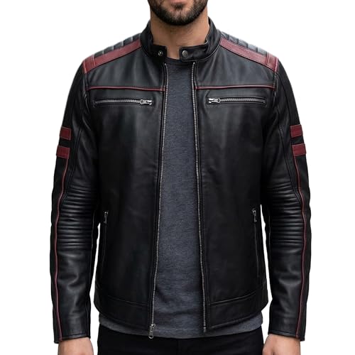 Image of Leather Jacket Men - Real Lambskin Motorcycle Jacket with Snap Tab Collar, Adjustable Waist & Zippered Pockets