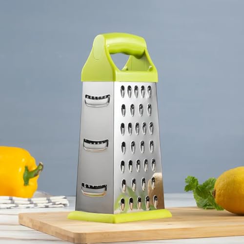 4 Sides Handle Vegetable Grater – Multi-Functional Kitchen Grater with Cheese Slicer, Vegetable Chopper, Mandoline Slicer & Spiralizer (Non-Slip Grip, Dishwasher Safe)