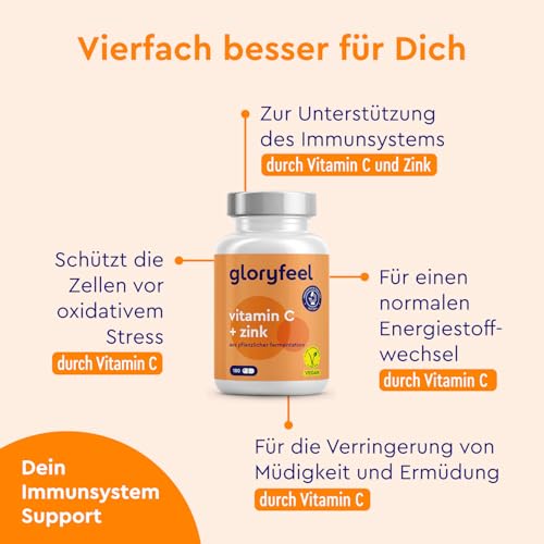 Vitamin C Hochdosiert 1000mg + Zink 20mg - 180 Kapseln - Pflanzlich fermentiert & gepuffert (pH-neutral, säurefrei, magenschonend) - Laborgeprüft, vegan ohne Zusätze hergestellt